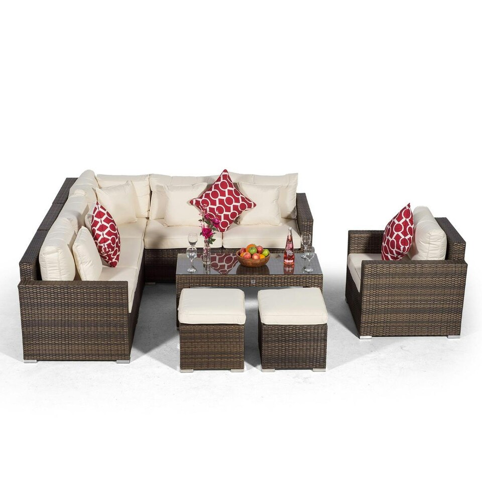 image 1 of Havana 6 Seat Rattan Sofa and Armchair Set w/ Coffee Table and 2 Stools | Brown | Brown