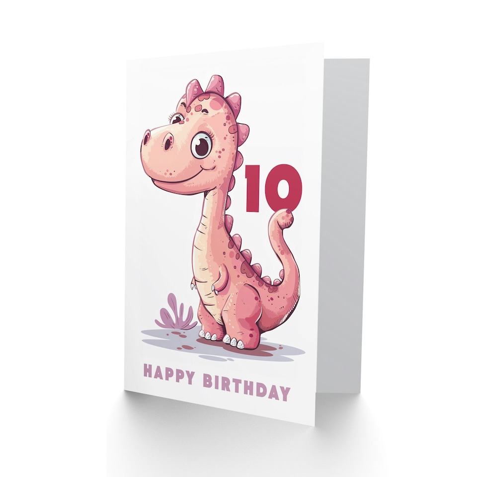 image 1 of Cute Pink Dinosaur Cartoon Kids Age 10 Year Child 10th Birthday Card