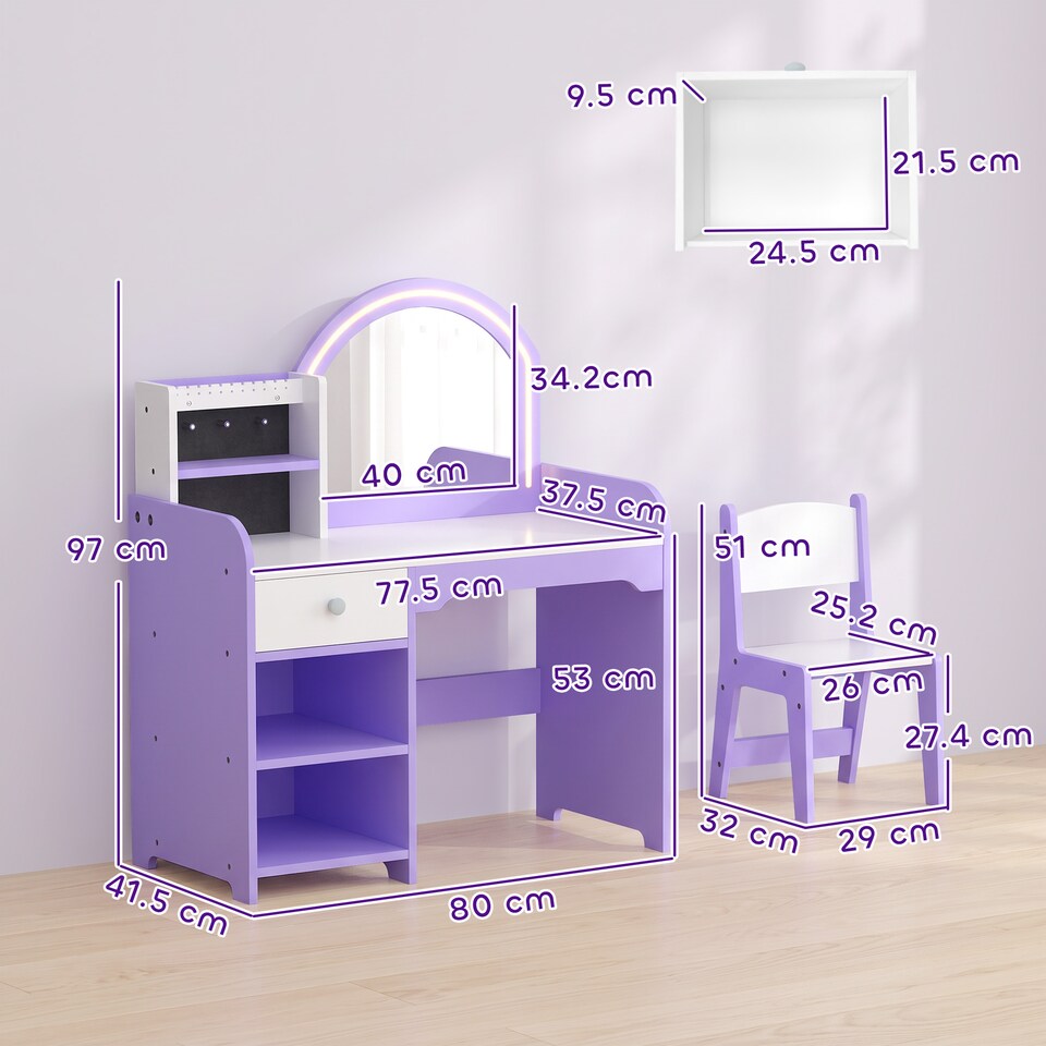 image 1 of AIYAPLAY Kids Vanity Set, Girls Dressing Table with Stool, Purple