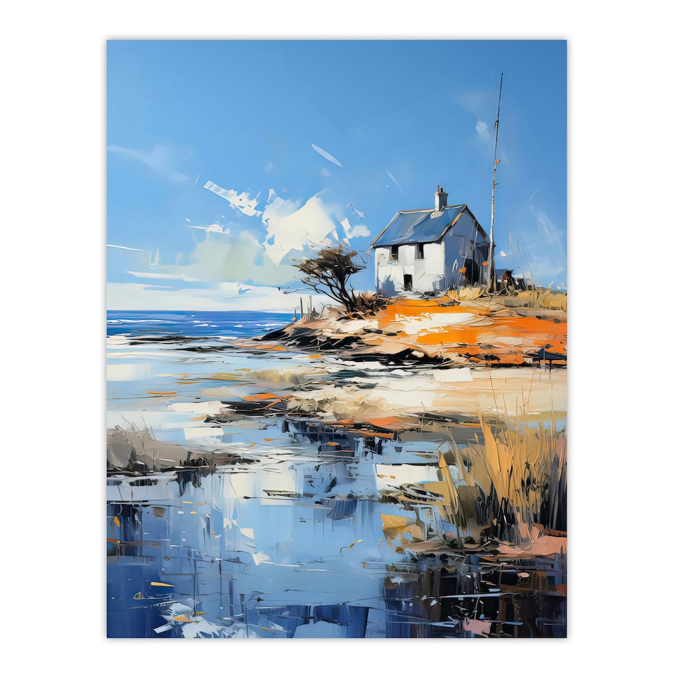 image 1 of Old White Crofters Cottage Oil Palette Knife Black Framed Wall Art Print A4