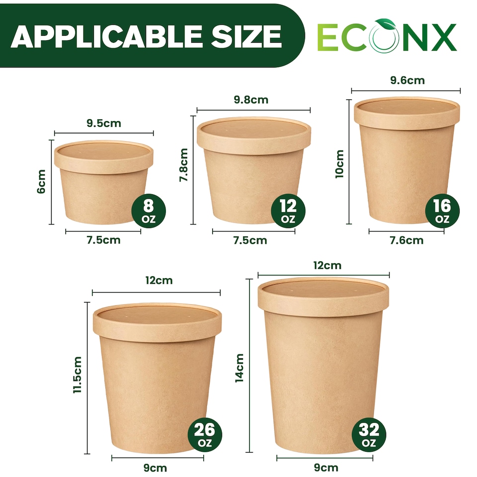image 1 of ECONX 26oz Kraft Disposable Paper Soup Cups Food Containers with Lids Takeaway Tubs 50pc