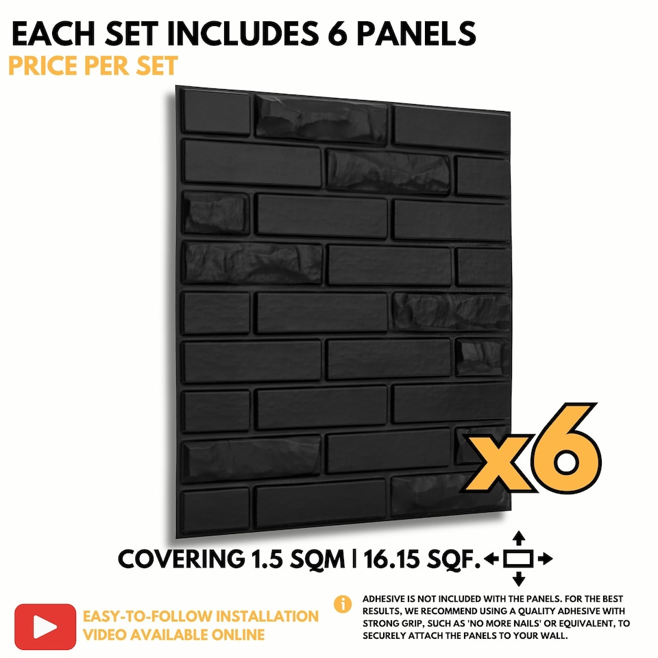 image 1 of NOVECRAFTO Brick Effect 3D Wall Panels – 6 Sheets Covering 1.5m² | 16.15ft² Interior Cladding Set | Urban Brick Design – Each Panel 50x50cm Urban Brick Black