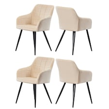 Set of 4 Camden Modern Velvet Dining Chairs with Armrests, Quilted Design & Black Metal Legs Cream