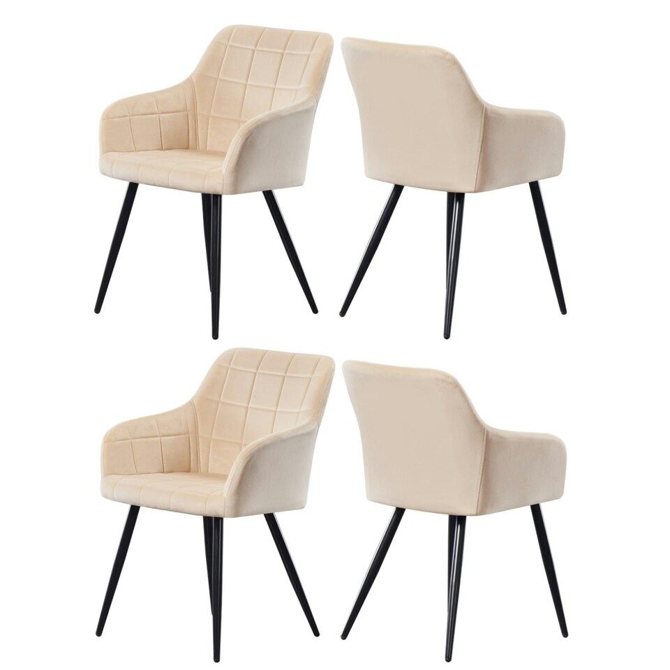 image 1 of Set of 4 Camden Modern Velvet Dining Chairs with Armrests, Quilted Design & Black Metal Legs Cream