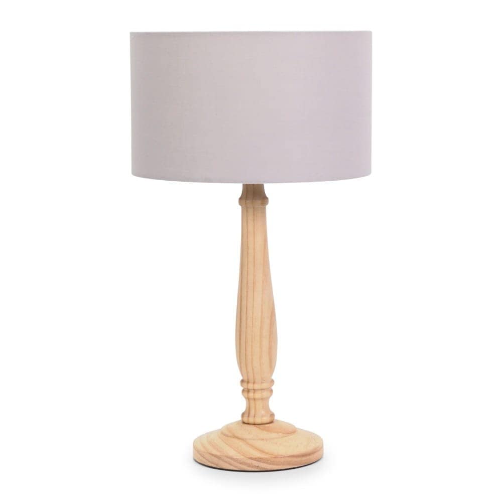 ValueLights Victoria Light Wood Traditional Stem Table Lamp with Fabric Drum Shade in Grey