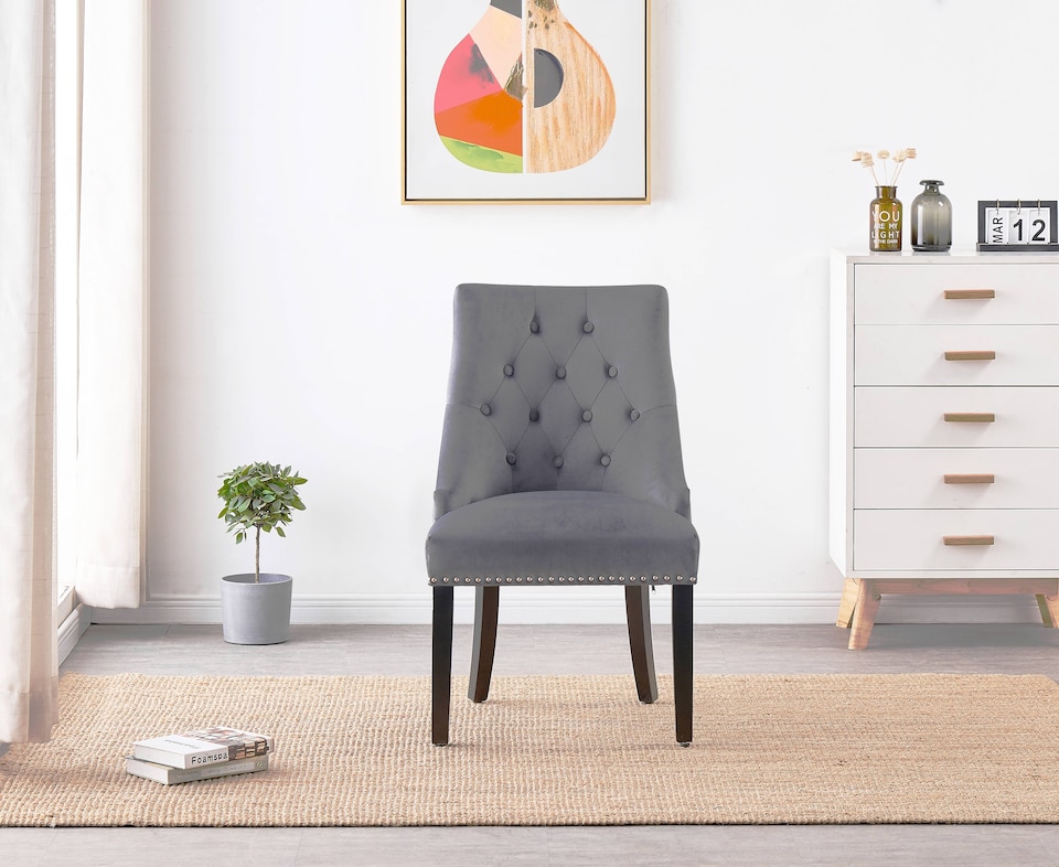 image 1 of Windsor Single Velvet Dining Chair Ergonomic Scoop Knockerback & Button Tufted Wood Legs | Grey | Dark Grey