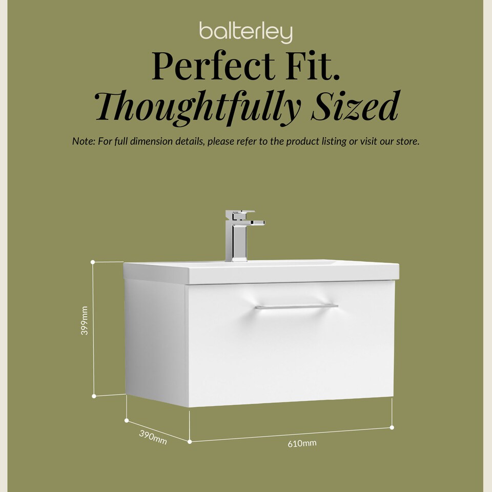 image 1 of Bathroom 1 Soft Close Drawer Wall Hung Vanity Unit Basin, White, 600mm | White | Gloss White | 399 x 610 x 390mm