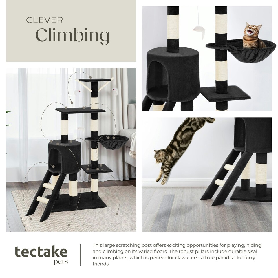 image 1 of Cat Tree Dominik - 144 cm, sisal cat scratching post, mice & anti-tip protection - Black