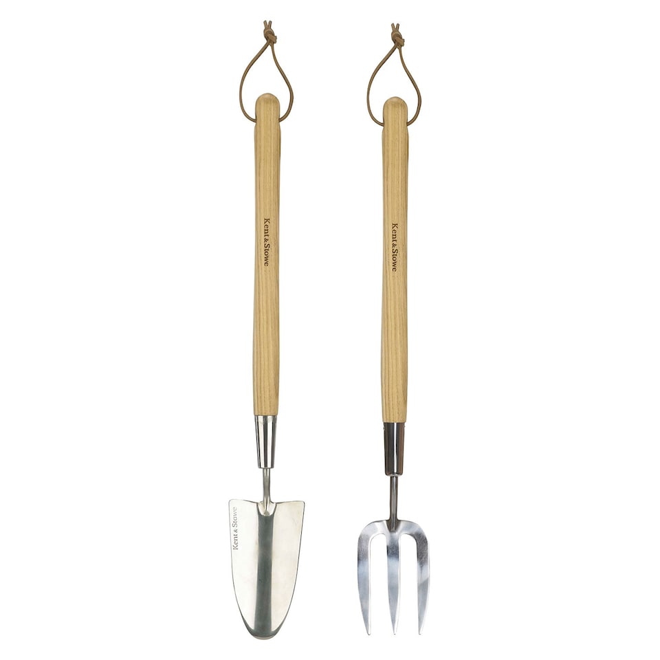 image 1 of Kent & Stowe Border Midi Hand Trowel and Fork Set, Ash Handles, Stainless Steel | Brown | 1 x Trowel, 1 x Fork | 1