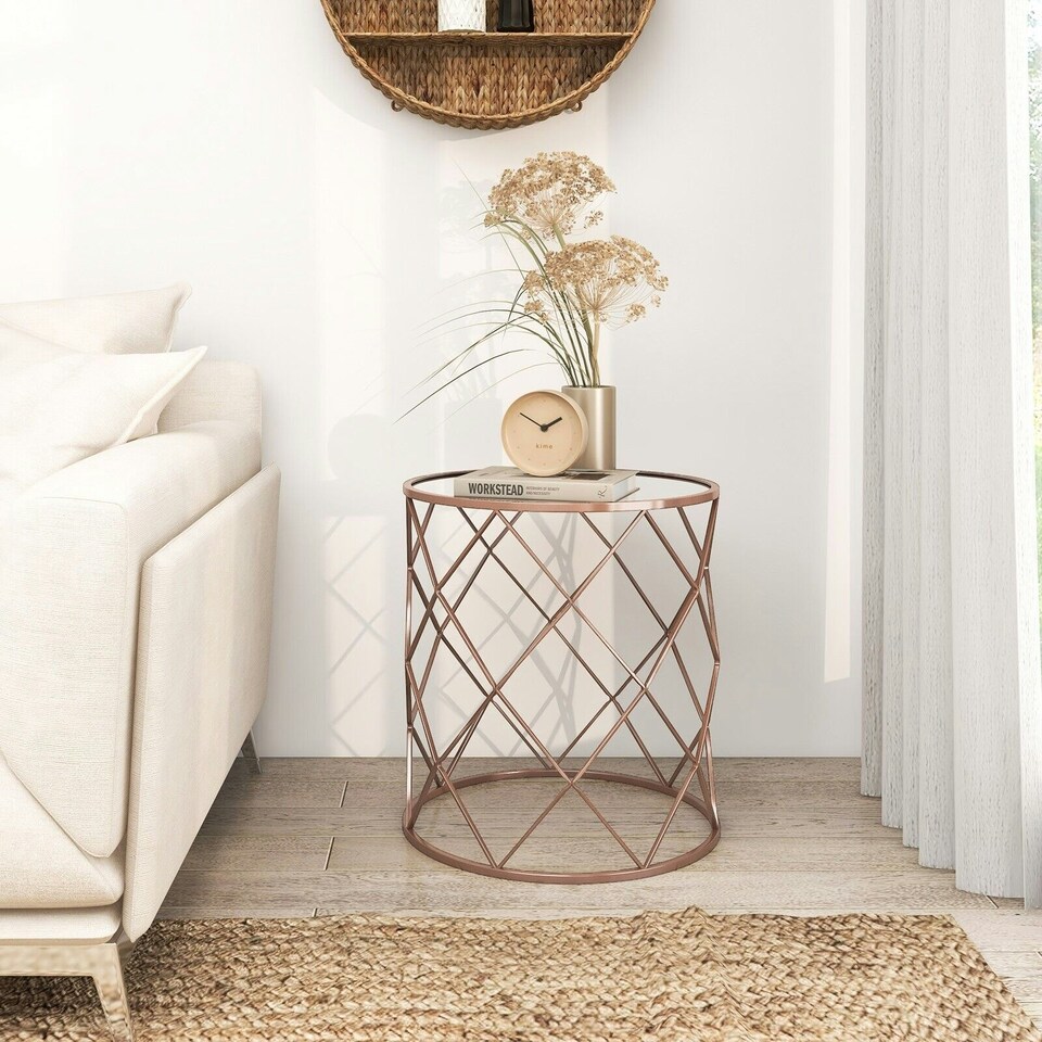 image 1 of COSTWAY Set of 2 Stackable Round Coffee Table W/Mirrored Top Yellow