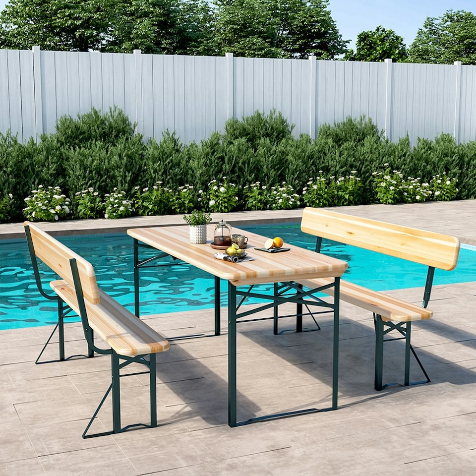 image 1 of Living and Home Foldable Wooden Height Adjustable Garden Dining Table Set - Green Frame & Natural Table Finish Brown
