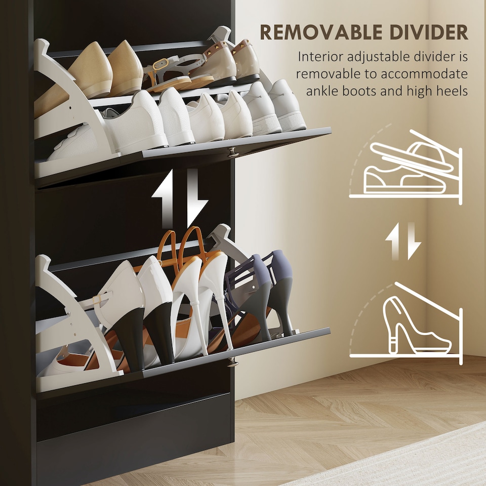 image 1 of HOMCOM Narrow Shoe Cabinet w/ 3 Flip Drawers for 12-18 Pairs of Shoes Black