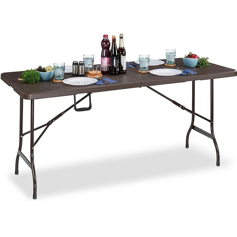 image 1 of Wooden Effect 6ft Heavy Duty Folding Table Garden Camping Trestle Dining Picnic Brown