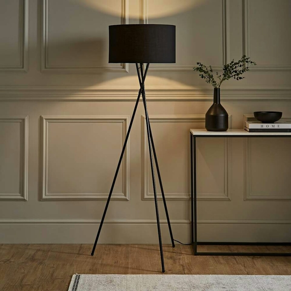 image 1 of ValueLights Camden Black Tripod Floor Lamp Black Shade & Bulb Black