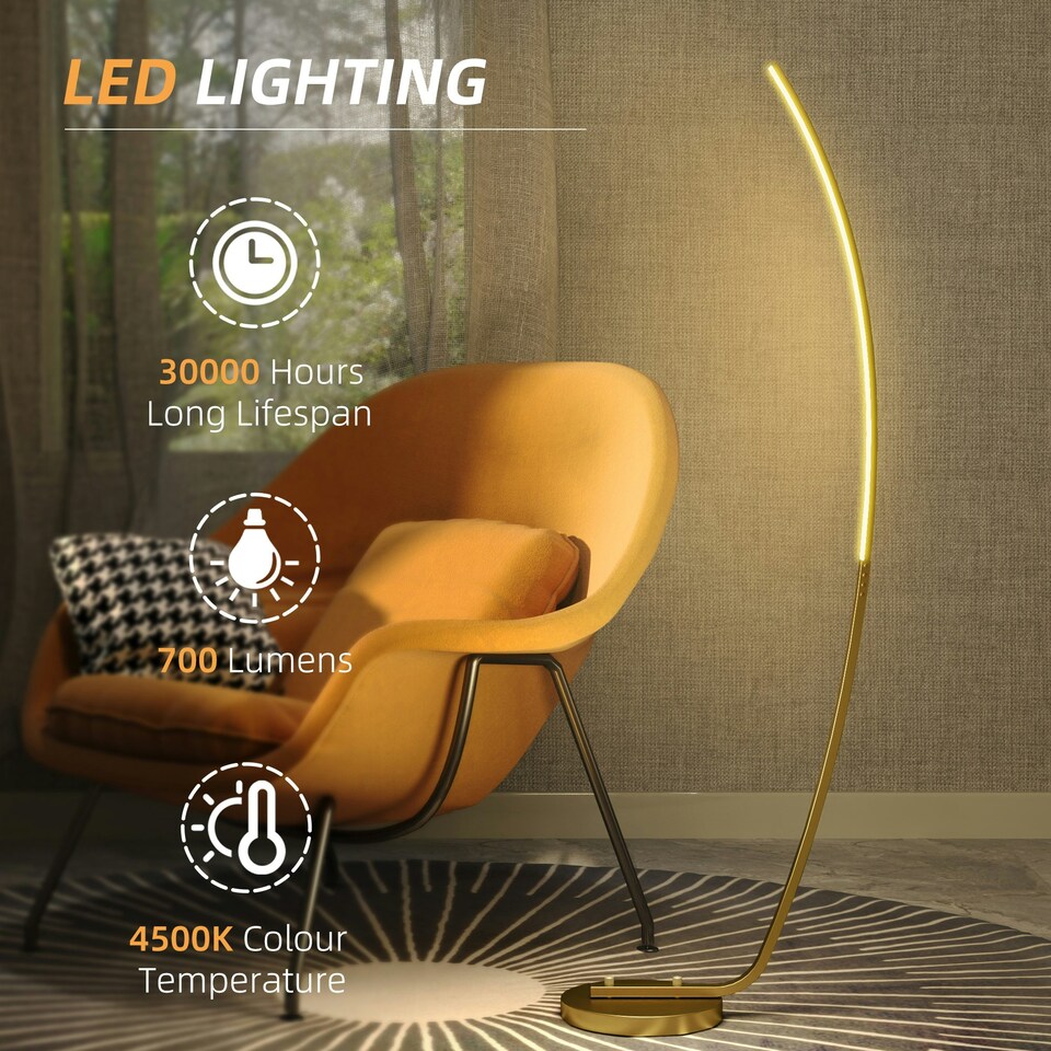 image 1 of HOMCOM Floor Lamp with LED Strip, Standing Lamp for Living Room, Gold Tone | Gold | 46L x 25W x 147H