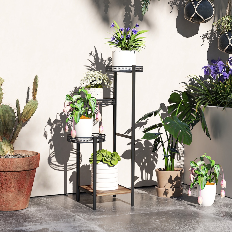 image 1 of Outsunny 4 Tiered Plant Pot Stand, Metal Plant Shelf for Living Room | Black | Black