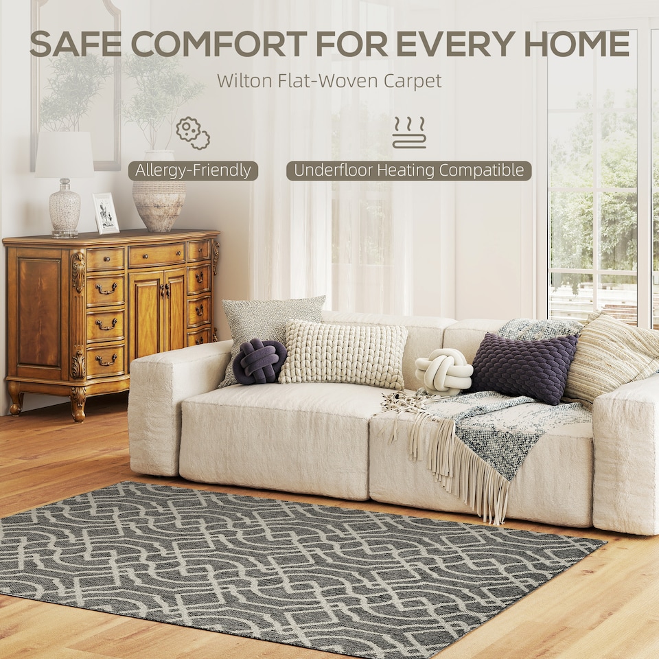 image 1 of HOMCOM UV Resistant Indoor & Outdoor Area Rug, Easy-Cleaning Machine Washable Rug with Geometric Pattern for Patio, Garden, Kitchen, Bathroom or Living Room, 170 120 cm, Grey | Grey | White | 1