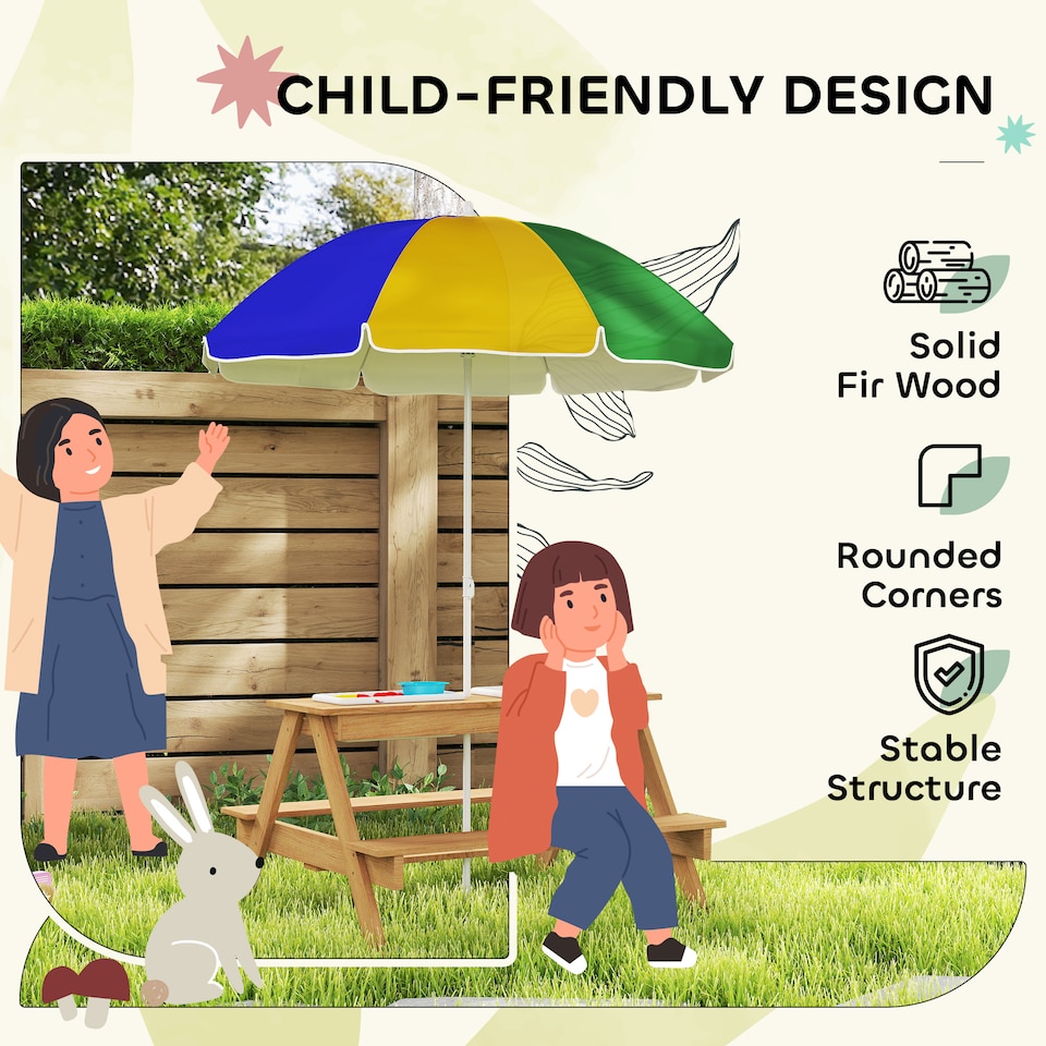 image 1 of AIYAPLAY Wooden Kids Picnic Table, Sand and Water Table w Benches, Parasol | Multi