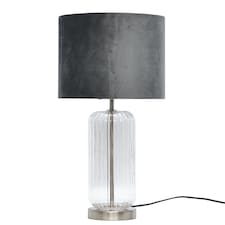 Walpole - Clear Fluted Glass and Brushed Chrome 49cm Table Lamp with Grey Velvet Shade | Chrome | Grey | Large | 1