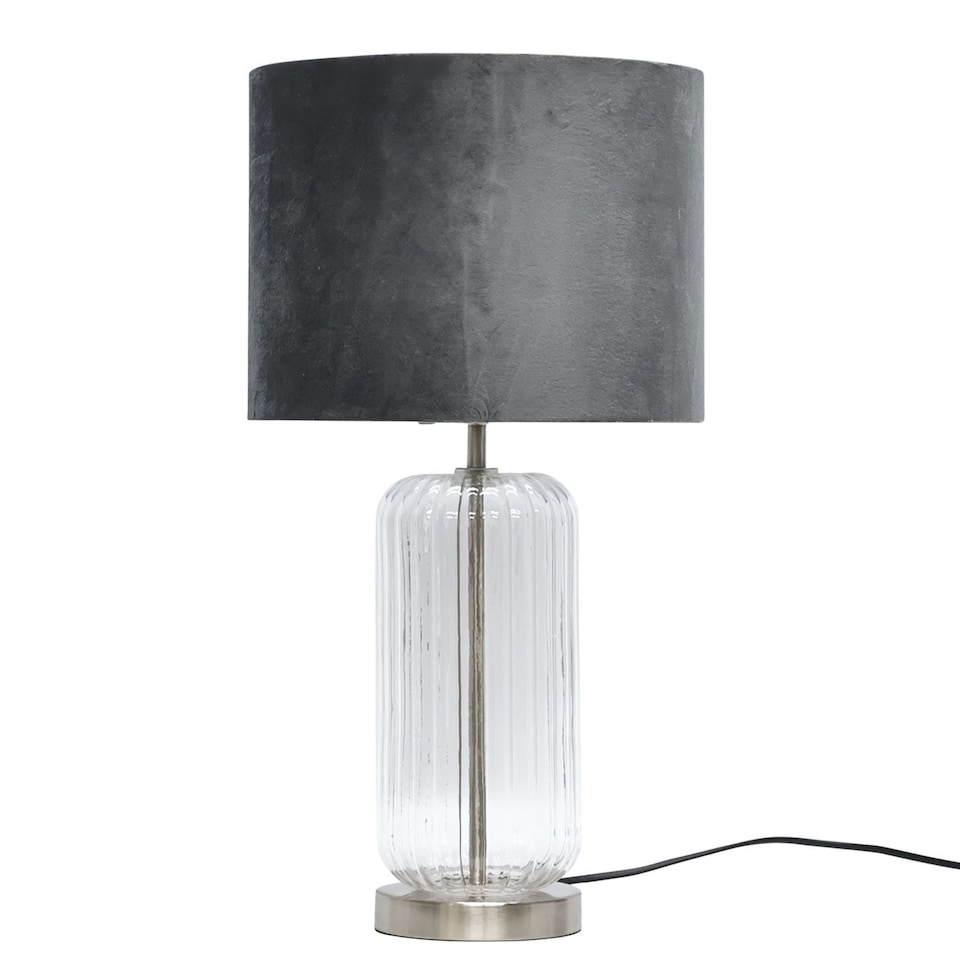 image 1 of Walpole - Clear Fluted Glass and Brushed Chrome 49cm Table Lamp with Grey Velvet Shade | Chrome | Grey | Large | 1