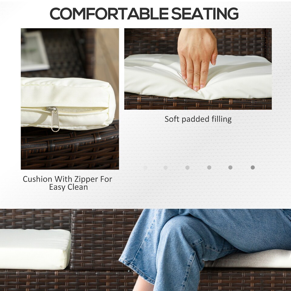 image 1 of Outsunny 2 Seat Rattan Garden Bench, Patio Wicker Chair with Glass Tea Table, Outdoor Love Seat with Padded Cushions, for Garden, Porch, Brown/Cream White | Brown