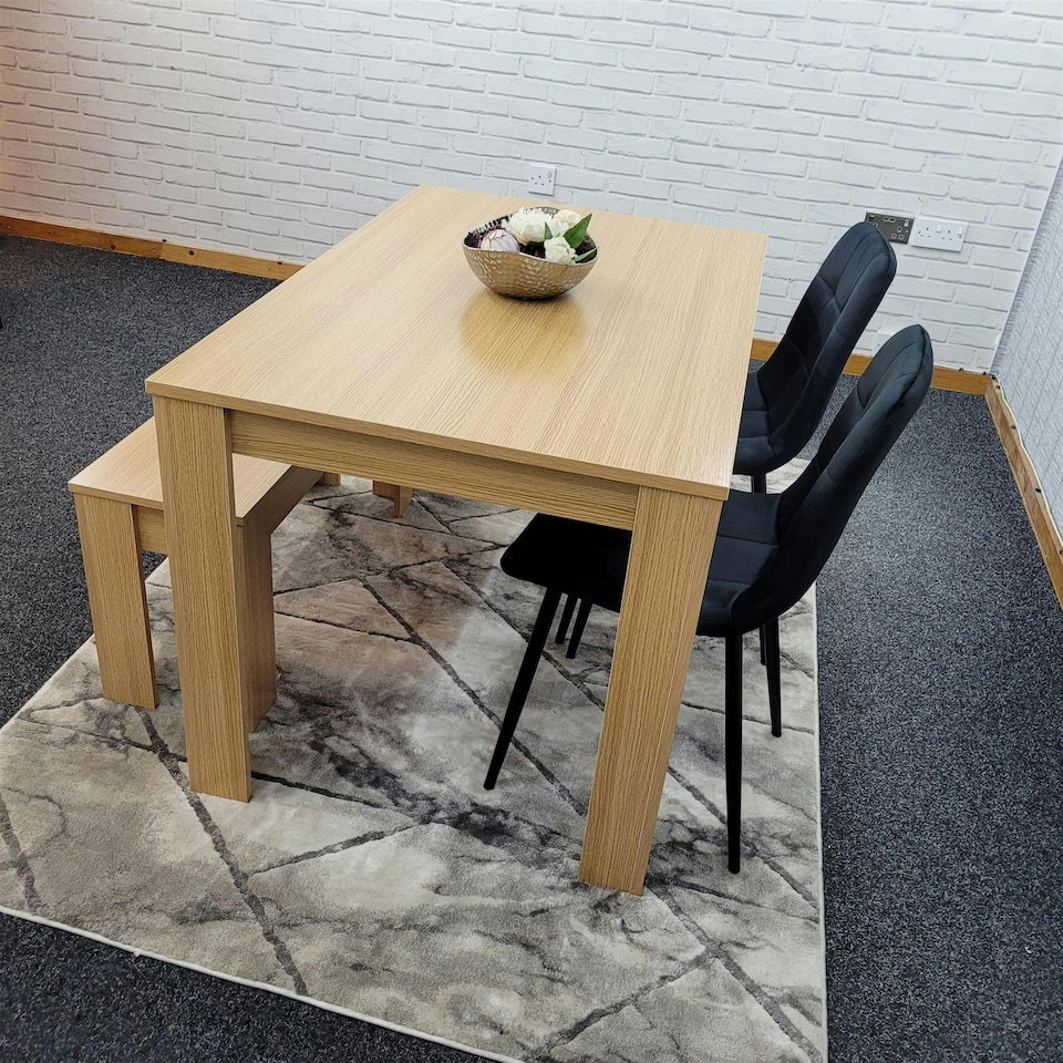 image 1 of Dining Table Set Oak Effect Table With 2 Grey Velvet Dining Chairs And 1 Bench | Grey | One Size | 4