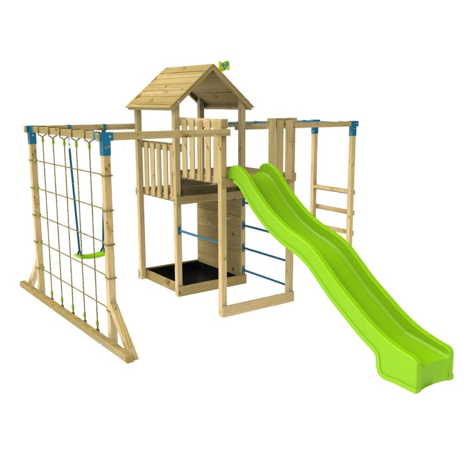 image 1 of TP Skywood Wooden Tower Climbing Frame with Super Wavy Slide, Sky Deck, Monkey Bars & Skyline with Rapide Swing Seat - FSC® certified
