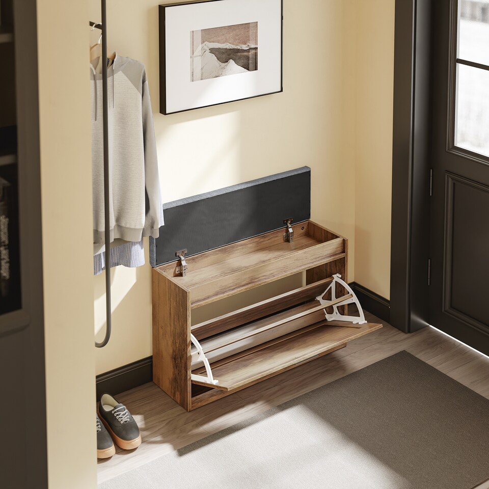 image 1 of SoBuy Brown Shoe Bench with Flip-Top Storage & Two Pull-Out Shelves, 29.5x9.4x20.8 in, 11.9 kg - FSR218-F