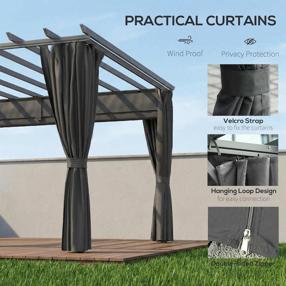 image 1 of Outsunny 3.6 x 3 m Aluminium Pergola with Retractable Roof Canopy, Curtains | Grey