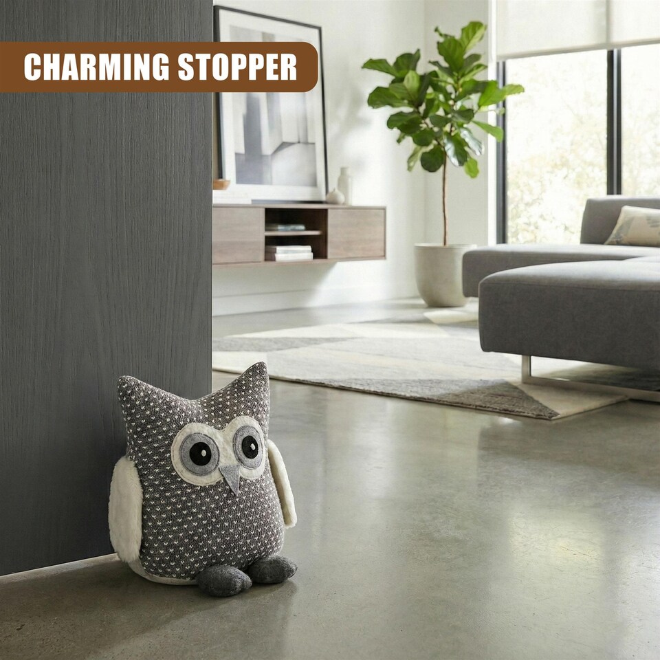 image 1 of GEEZY Novelty Owl Door Stop with Fluffy Wings, Soft Grey Decorative Stopper