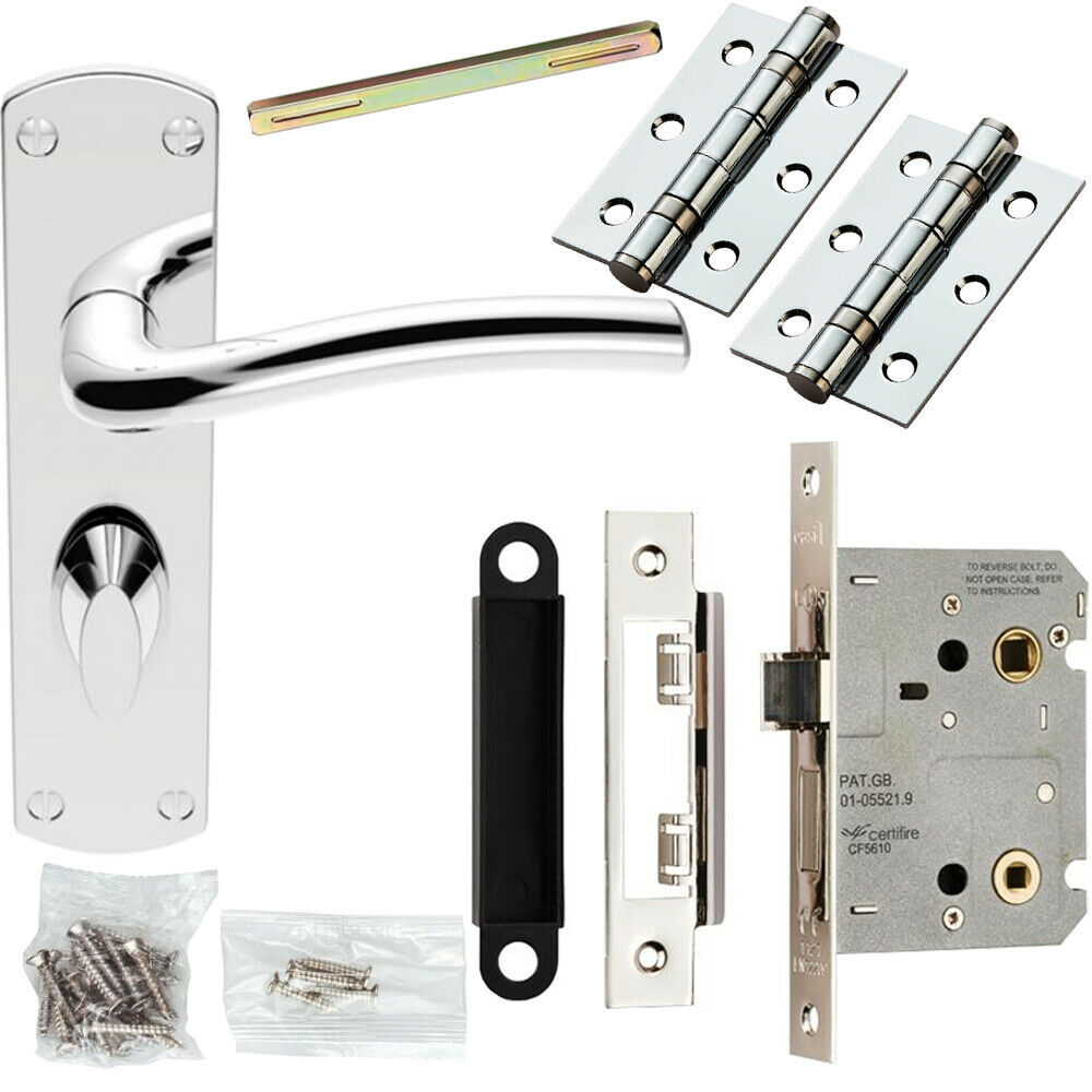 Loops Door Handle & Bathroom Lock Pack Chrome Curved Round Arm Thumb Turn Backplate