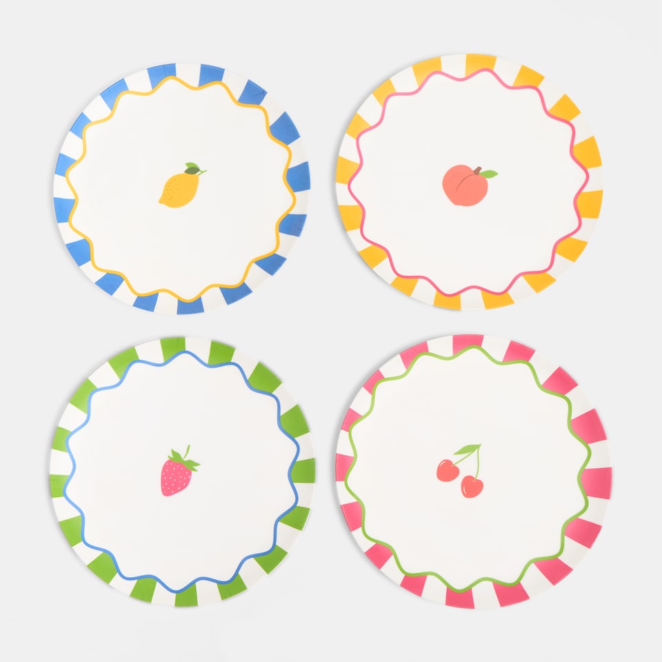 image 1 of OHS Summer Print Plastic Picnic Plates Set of 4 Lightweight Outdoor | Pink | Bright Fruits