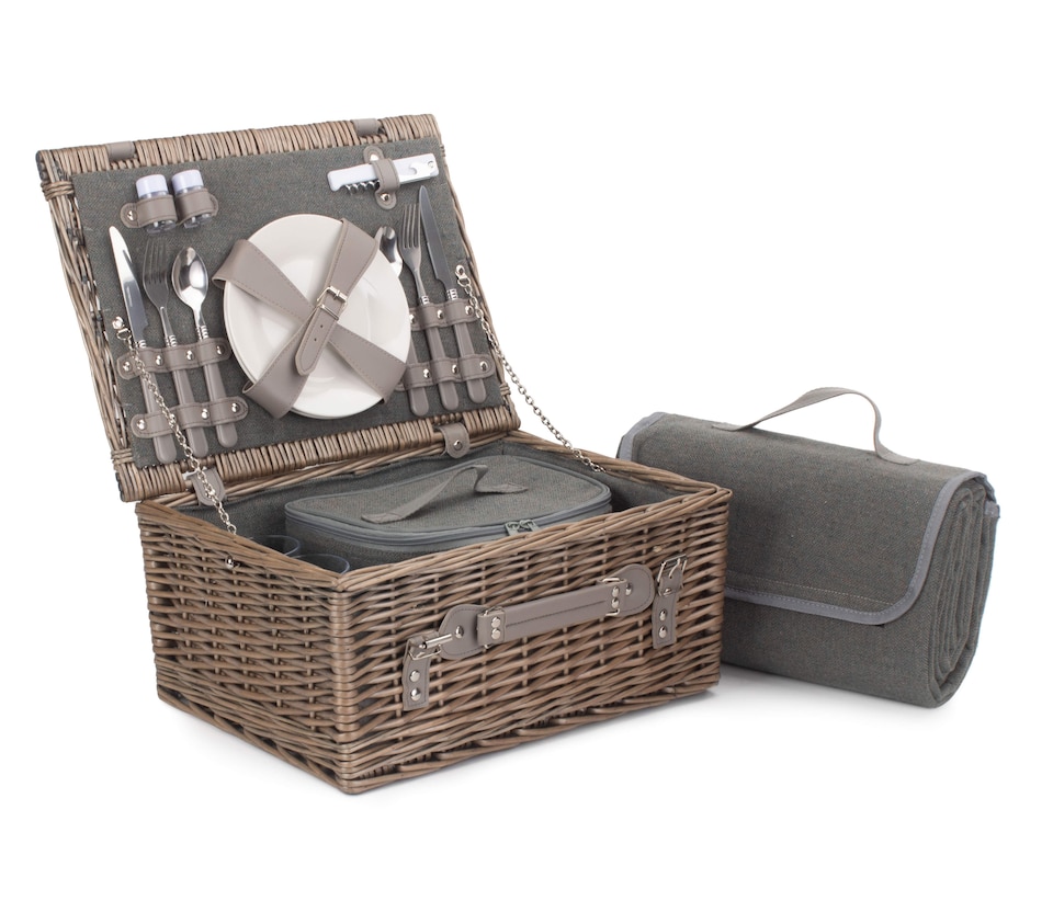 image 1 of 2 Person Grey Tweed Wicker Fitted Picnic Basket | Grey | Grey | 1