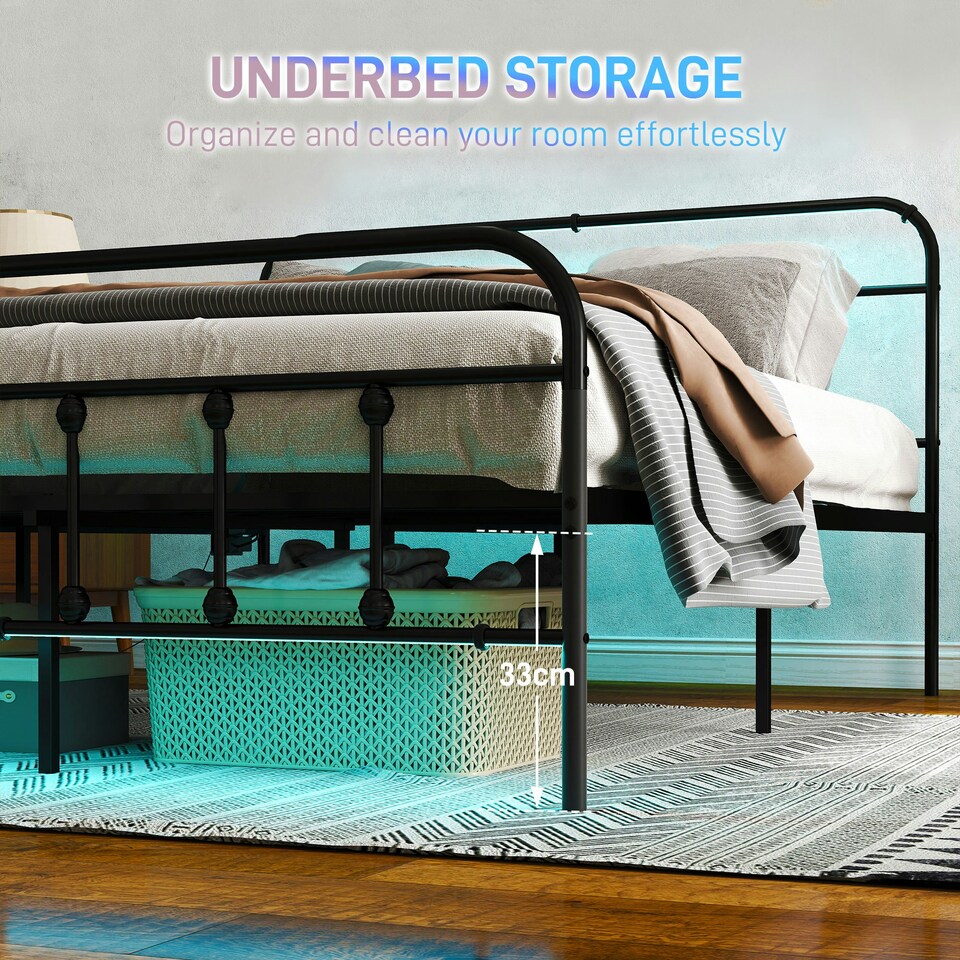 image 1 of HOMCOM King Bed Frame with LED Lights and Charging Station, Black
