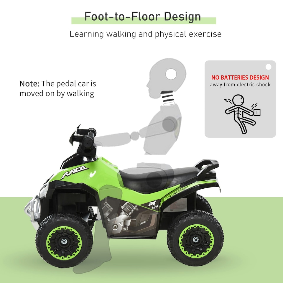 image 1 of HOMCOM No Power Quad Toddler Ride on Car Foot-to-Floor Sliding Green