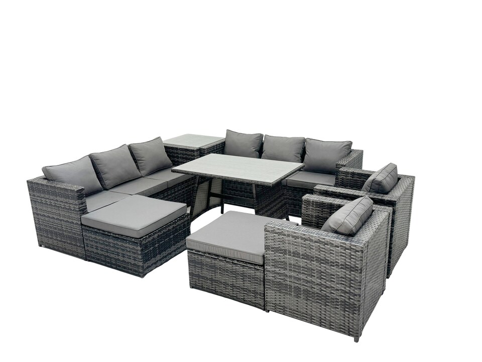 image 1 of Fimous Rattan Dining Table Sofa Set with Armchair Side Table 2 Big Footstools Outdoor 10 Seat Garden Furniture Set Dark Grey Mixed