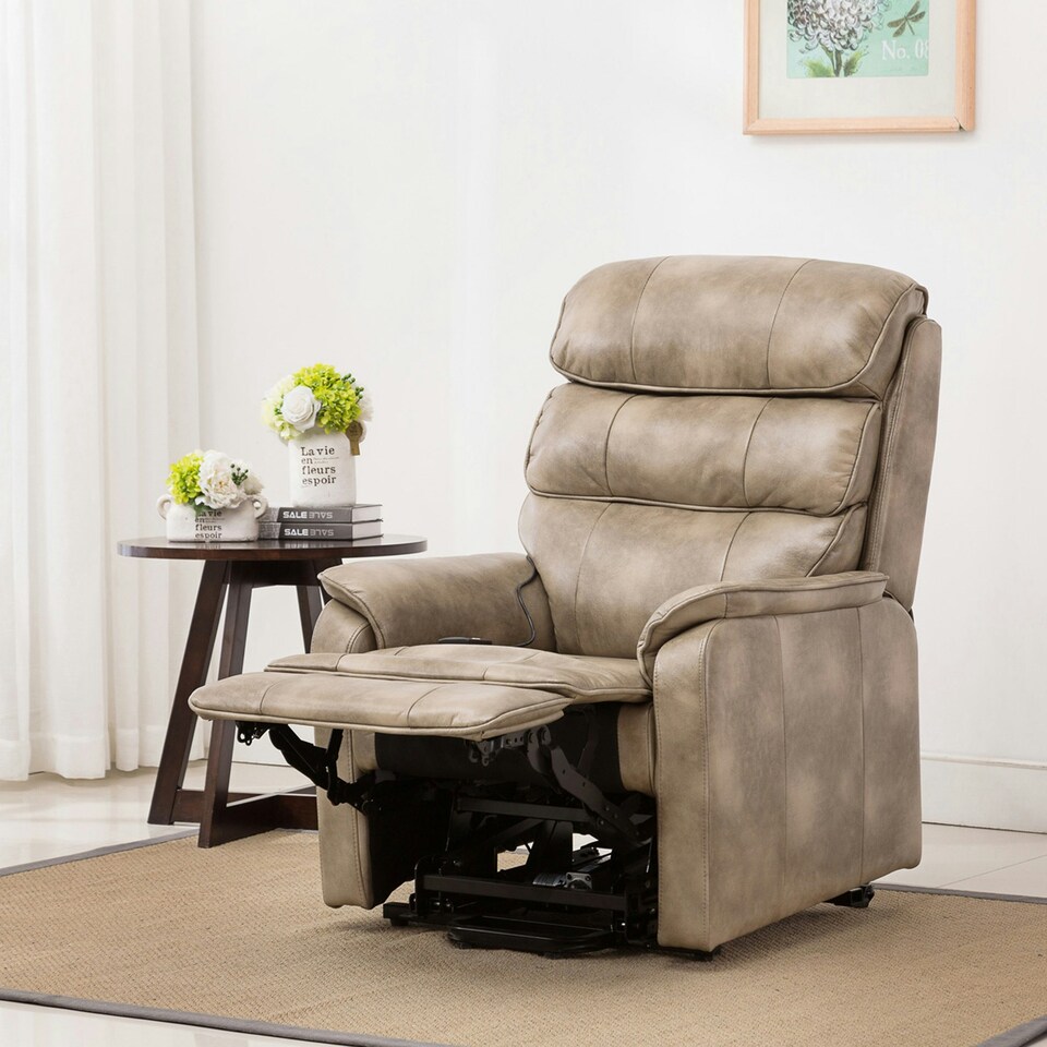 image 1 of Buckingham Dual Motor Electric Rise Recliner Bonded Leather Chair (Stone)