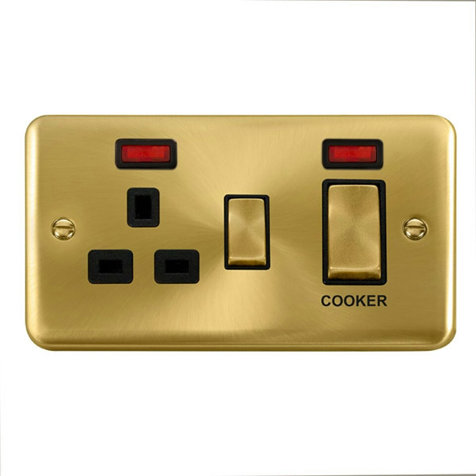 SE HOME Curved Satin Brass Cooker Control Ingot 45A With 13A Switched Plug Socket & 2 Neons Black | Satin Brass