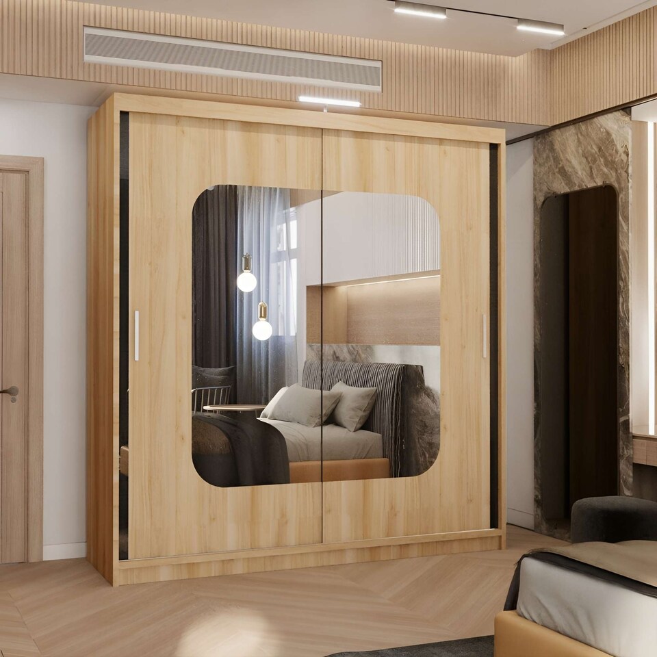 image 1 of Modern Mirror Sliding Wardrobe with Gloss Strips & Storage