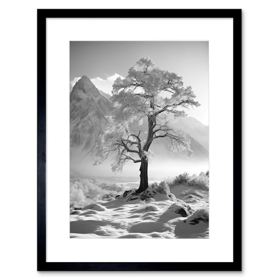 image 1 of Frozen Lone Tree Mountain Landscape Winter Sunrise 9x7" Black Framed Wall Art Print