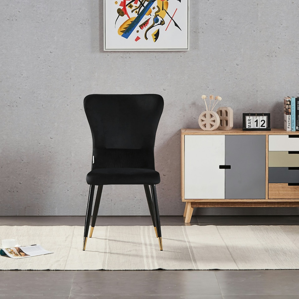 image 1 of Set of 4 New York Modern Velvet Dining Chairs with High Back, Black Metal Legs Black | Gold End Tips