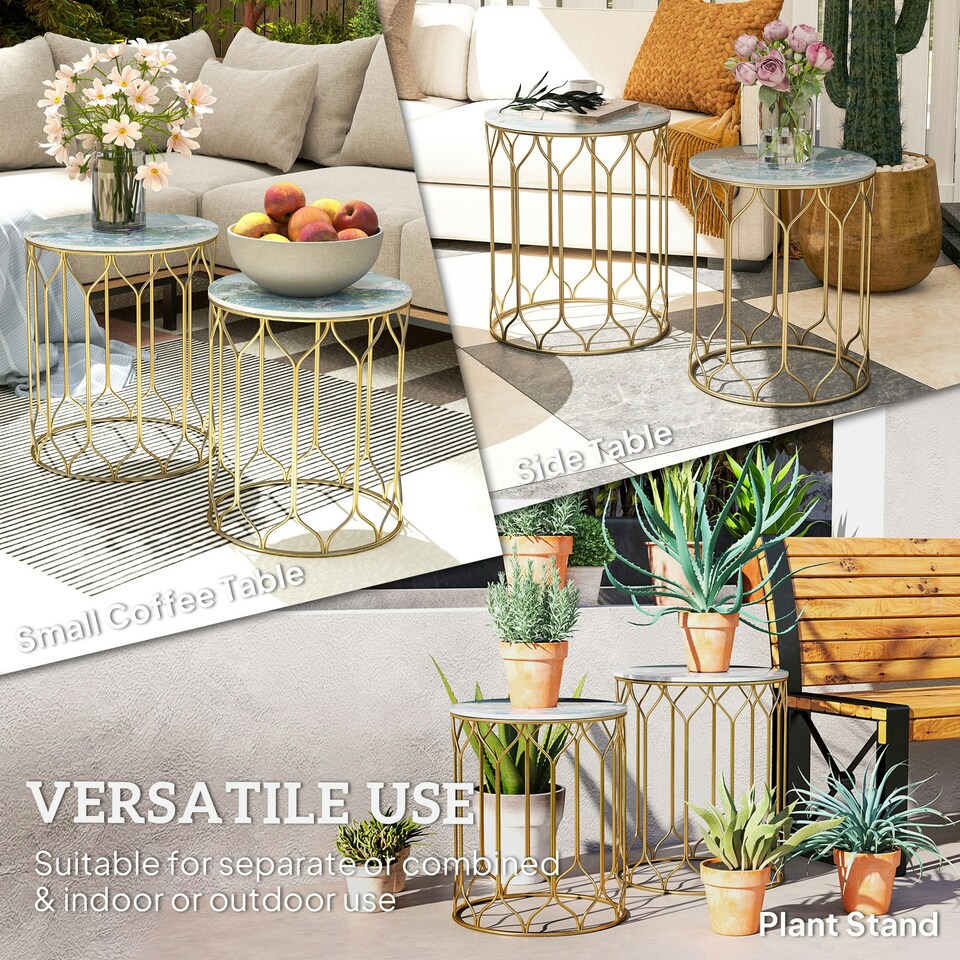 image 1 of Outsunny Nesting Tables Set of 2, Marble Effect Side Tables Multi | Multicoloured