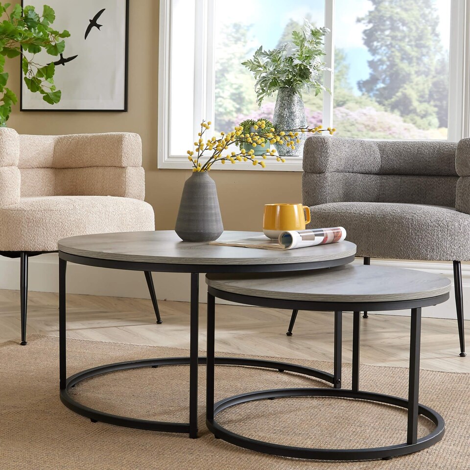 image 1 of Nest of 2 Grey Tables Round Stackable Side Unit Industrial Living Room Furniture