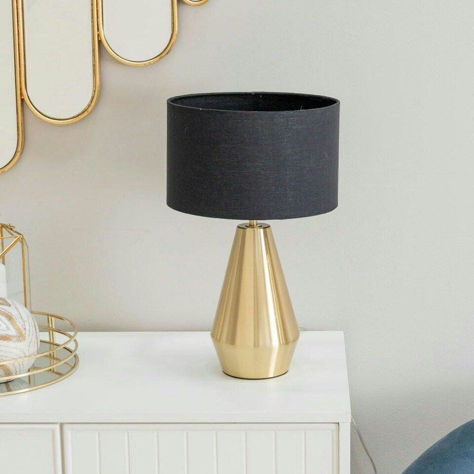 image 1 of ValueLights Jax Antique Brass Metal Dimmable Touch Table Lamp with Black Fabric Drum Shade with LED Bulb