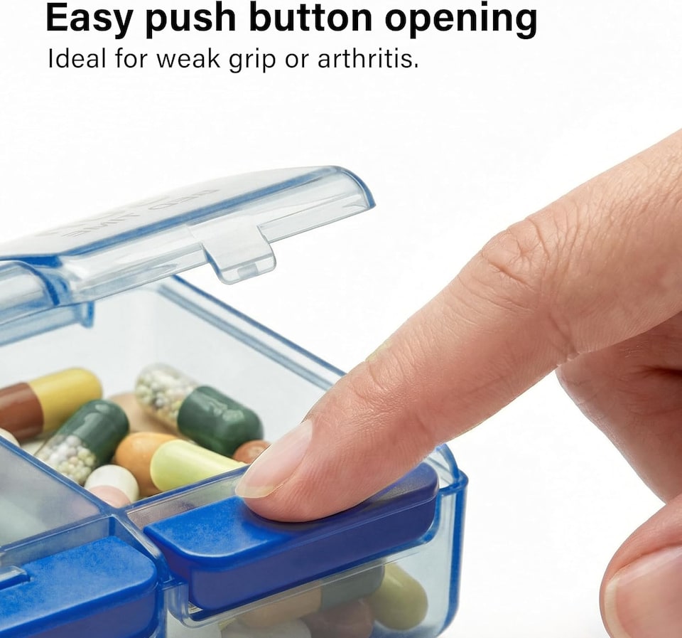 image 1 of 7 Day Pill Organizer Push Button Box Large Compartments Compact Spill-Proof Home