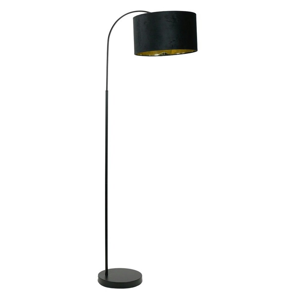 image 1 of ValueLights Curva Black Arched Floor Lamp with Black Velvet and Gold Inner Lamp Shade & Bulb