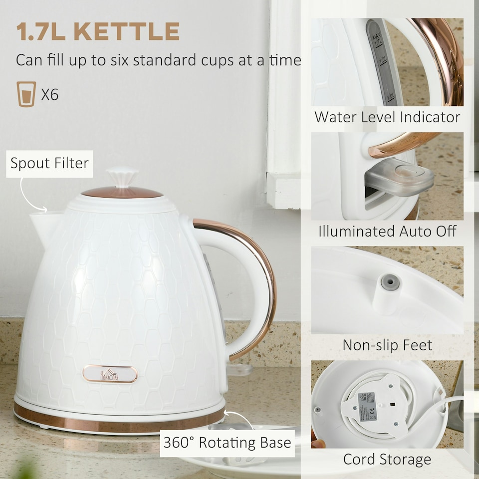 image 1 of HOMCOM Kettle and Toaster Set 1.7L Kettle & 2 Slice Toaster Set White