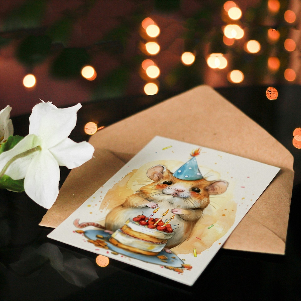 image 1 of Cute Gerbil Kids Party Hat Cake Girl Boy Daughter Son Birthday Card