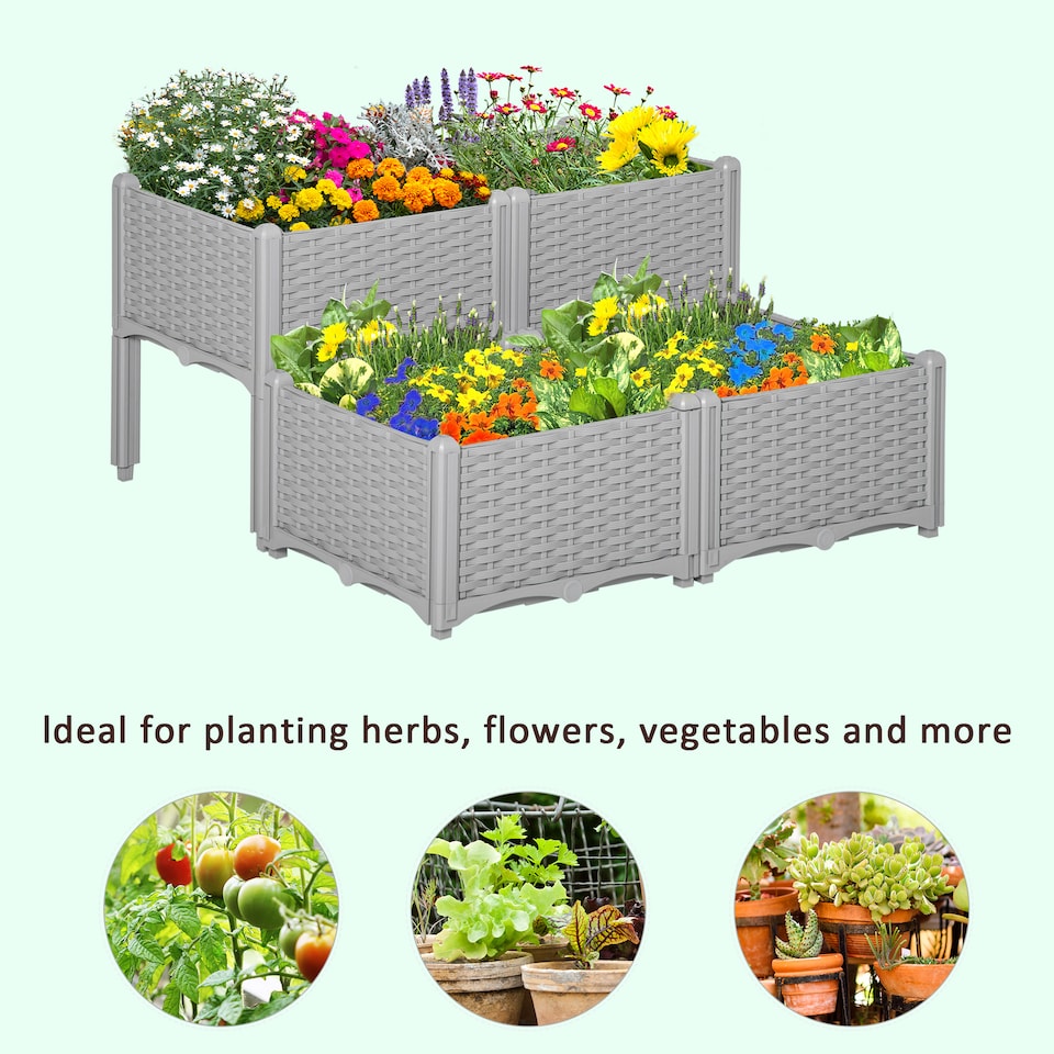 image 1 of Outsunny 4-pieces Elevated Flower Bed Vegetable Herb Planter Plastic, Grey