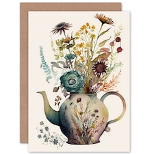 Flower Bouquet Floral Pattern Ceramic Teapot Birthday Card